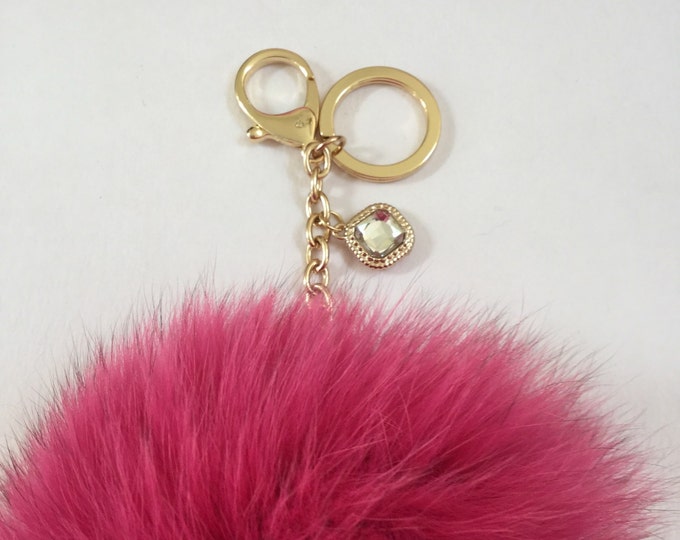 Dusty Pink Fox Fur Pom Pom keychain ball luxury bag pendant with clear crystal charm