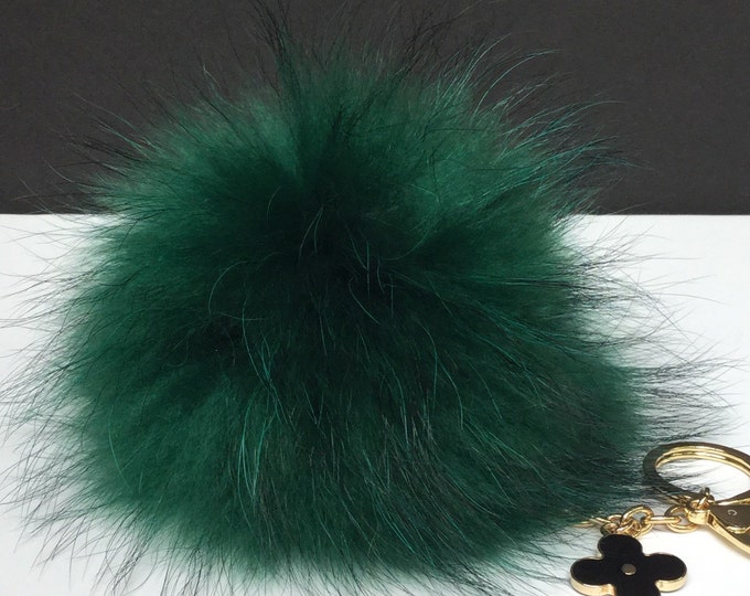 Fur Pom Pom keychain luxury bag charm pendant clover flower keychain keyring in deep forest green with natural dark tips