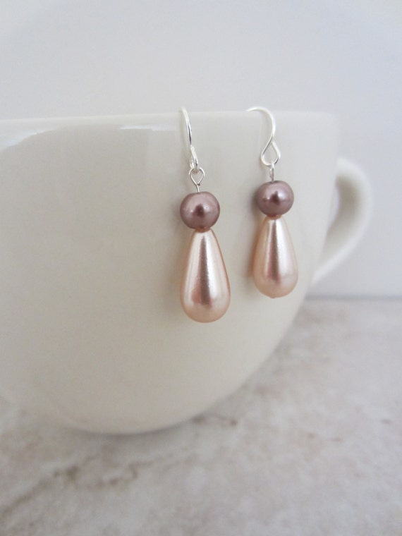 Pink pearl earrings.  Pale pink bead earrings.  Pearl dangles.  Pearl tear drops.  Gifts for her.  Delicate earrings.