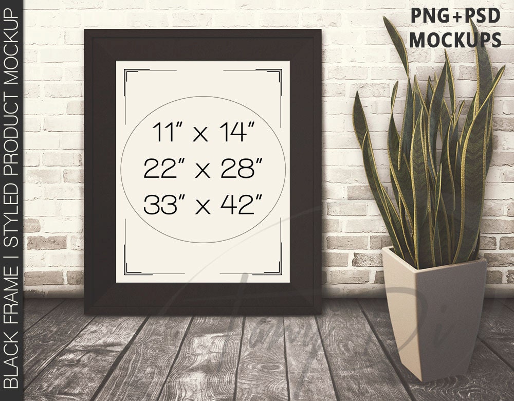 Download Black Frame on Wood Floor Mockup Potted Plant 11x14