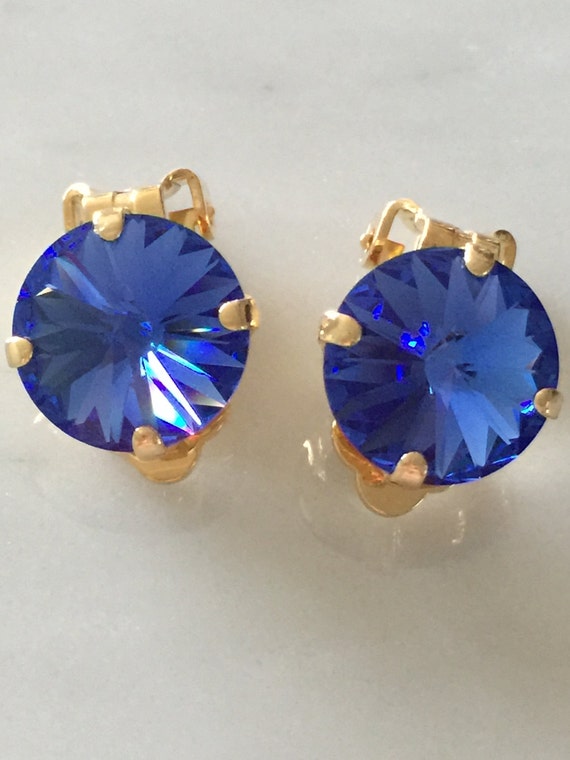 Swarovski Sapphire Rivoli Crystal Clip On Earrings, Yellow Gold