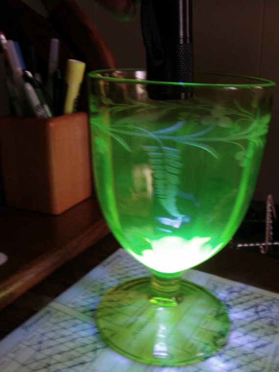 Vaseline Glass Goblet, Etched Florals...item 786