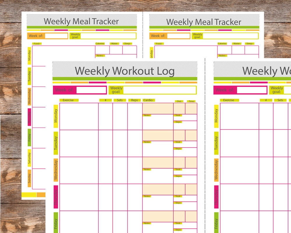 Weekly workout Log Weekly Meal Planner 5.5x8.5 size