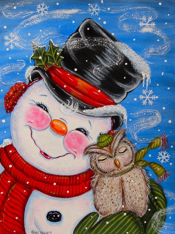 Items similar to Snowman With Cuddly Owl Print of Acrylic ...