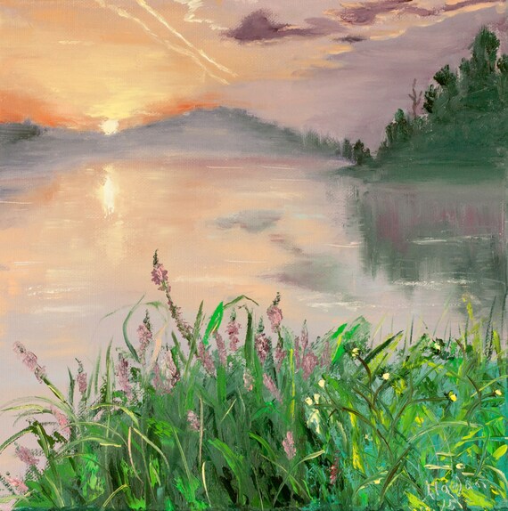 Items similar to lake sunset water reflection oil painting signed