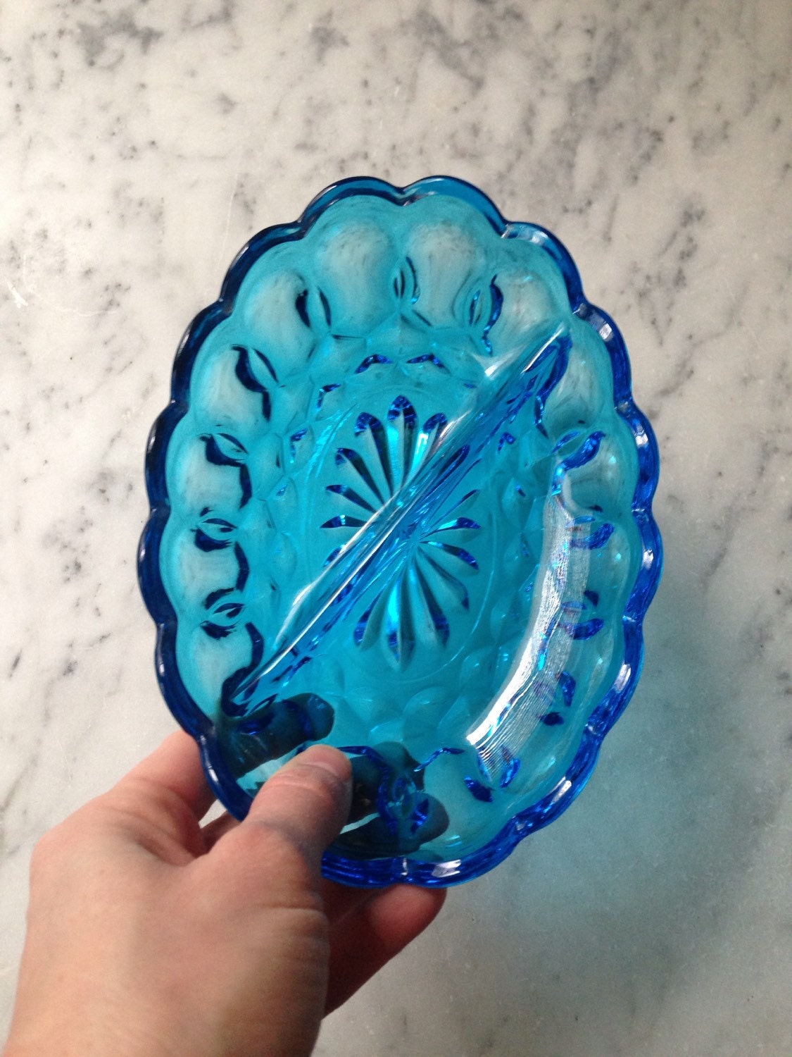 Vintage Turquiose Glass Dish / Two Compartment Divided Turquoise Glass