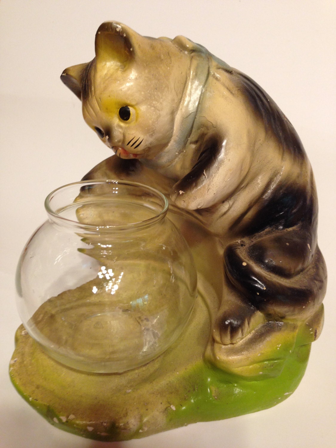 Vintage Chalkware Cat Figurine with Fishbowl 1940s Collectible