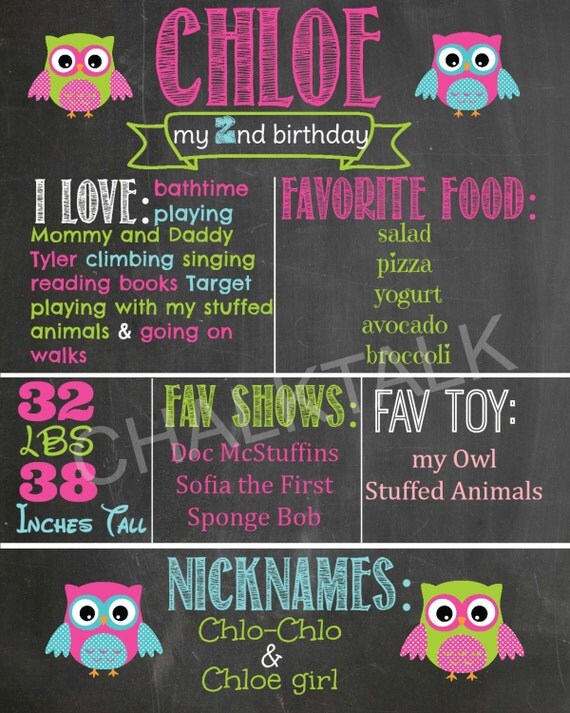 Items similar to Owl Birthday Chalkboard Printable First Birthday