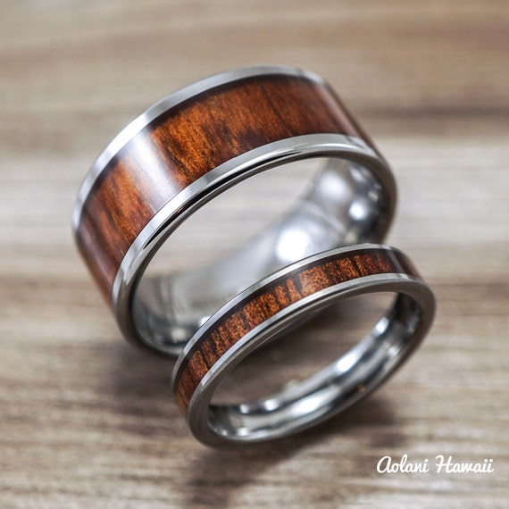 Wedding Band Set of Tungsten Rings with Hawaiian Koa Wood Inlay (4mm ...