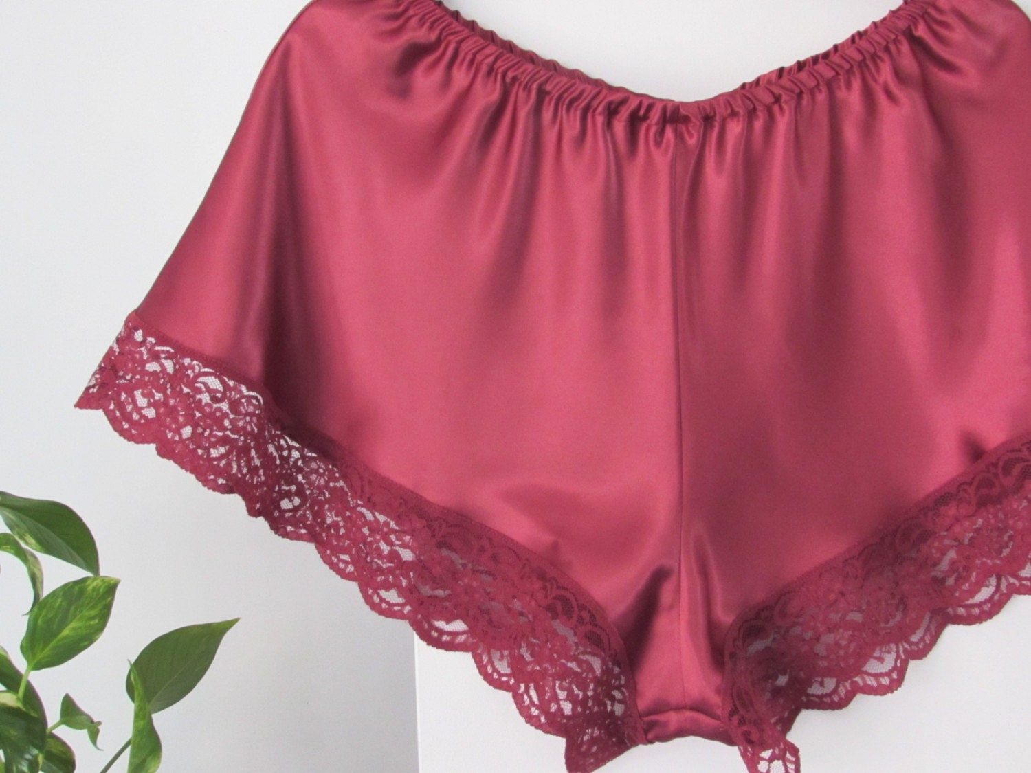 Red Satin French Knickers With Red Lace Trim