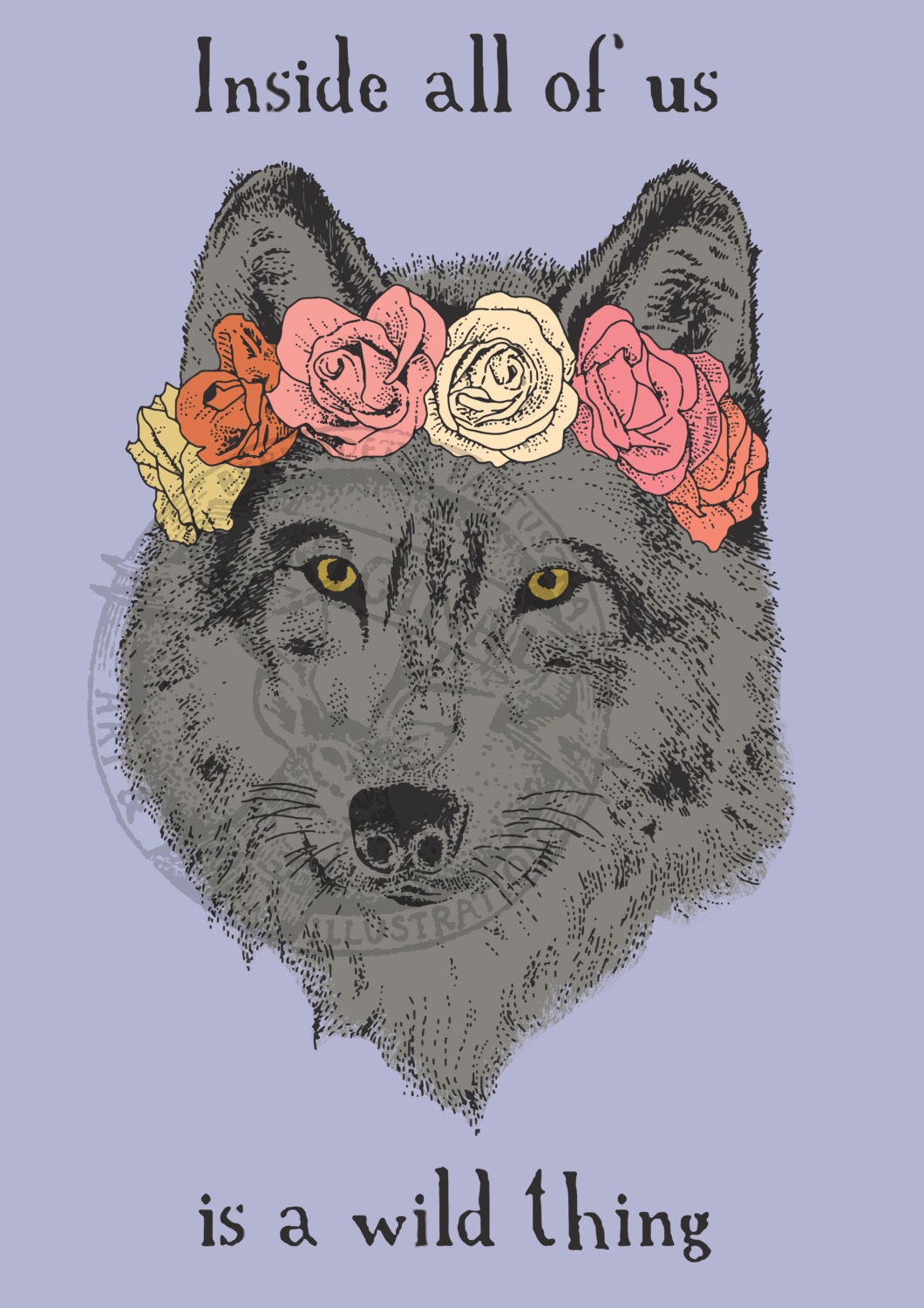 Digital download wolf in a flower crown illustration by BetkaArt