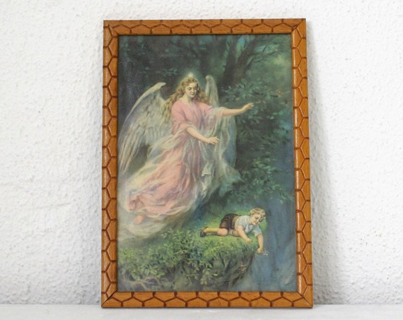 Antique Guardian Angel and Boy / Chromolithograph by labelfrance