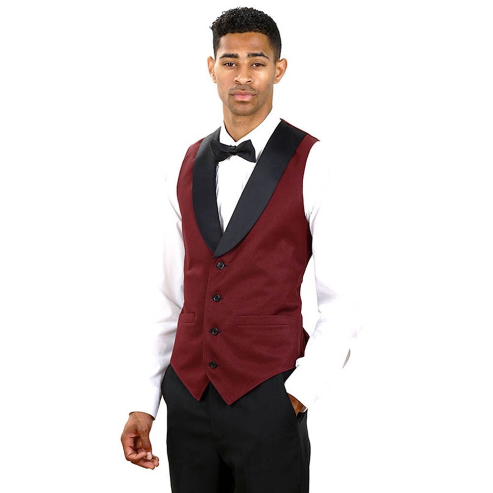 Mens burgundy full tuxedo vest with black by SixStarUniforms