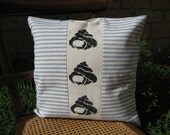Coastal Decor French Ticking Cushion/Pillow Cover with Handpainted Shells, Cotton and Linen - French Decor - Country Chic - Beach House