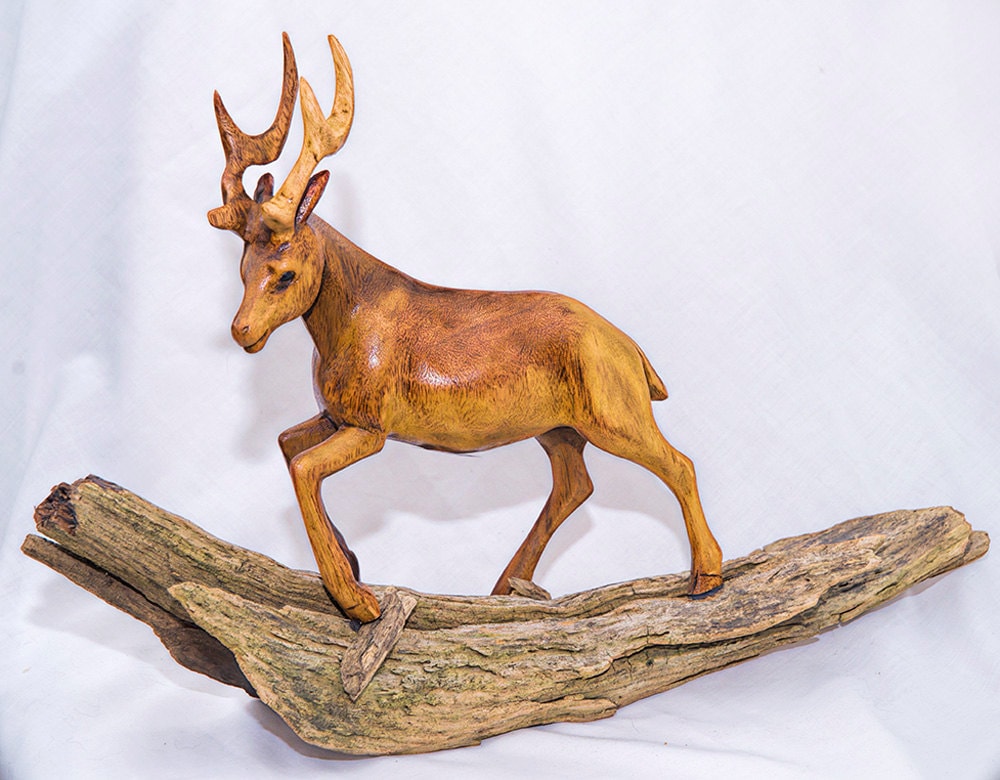 Wood Deer on driftwood Hand Carved