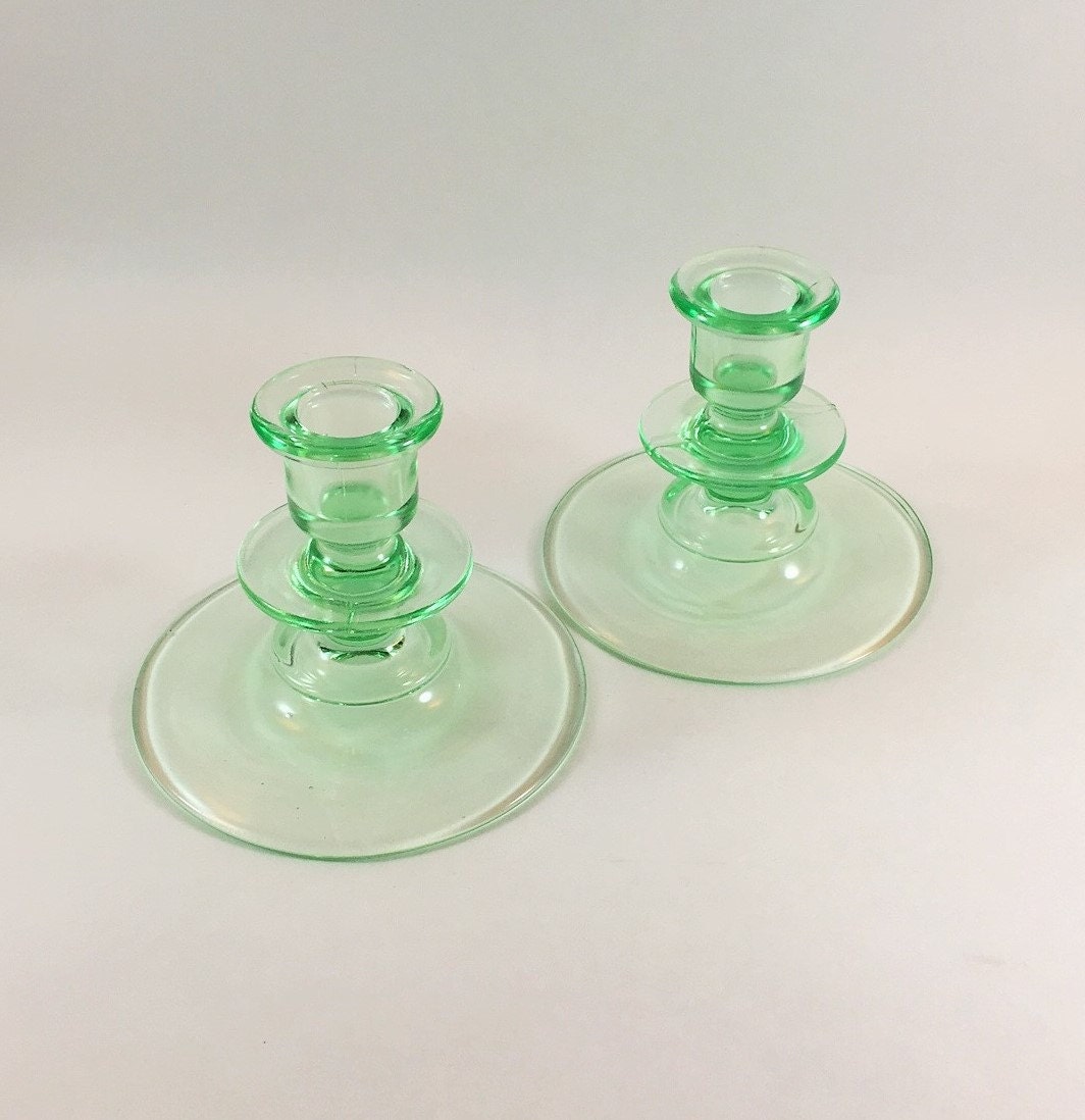 Vaseline Depression Glass Candle Holders Vintage 1930s 8623