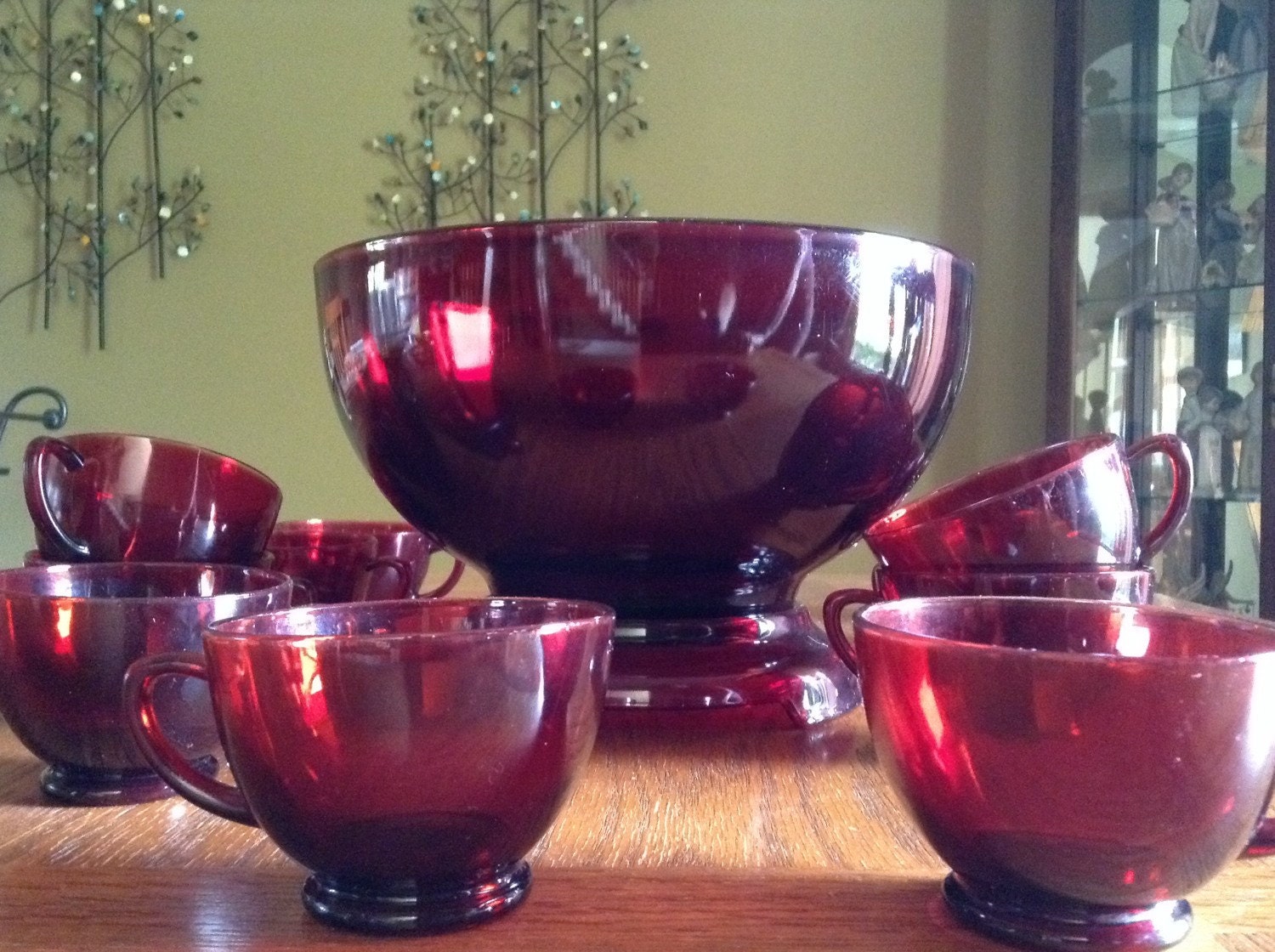Ruby Red Punch Bowl Set with Stand and 12 Cups Vintage