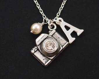camera necklace, initial necklace, Swarovski pearl choice, silver camera charm with crystal lens, photographer jewelry, wedding photographer