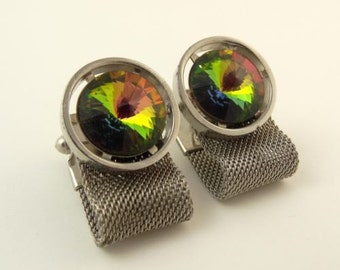 Vintage 1970s Wrap Around Cufflinks Silver Tone Round Watermelon Rivoli Stone Vitrail