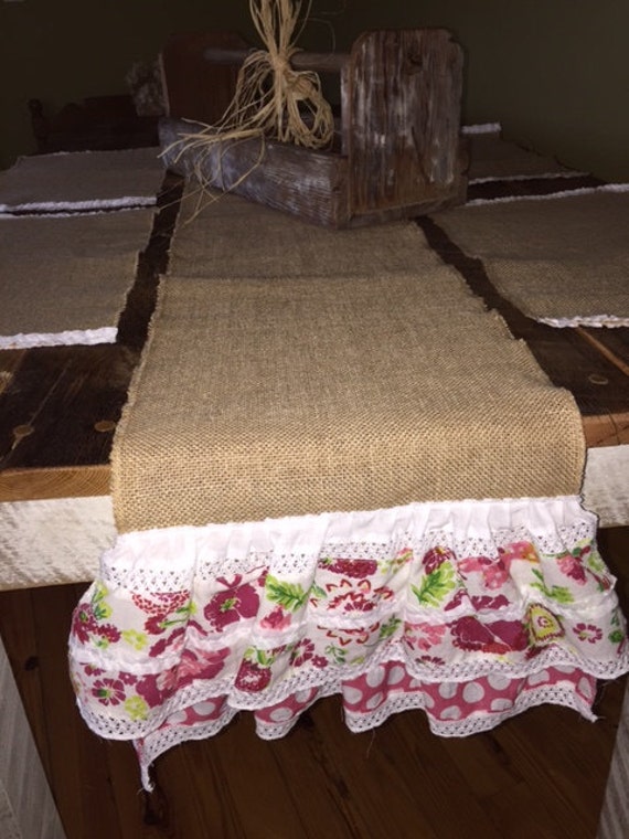 Items similar to Shabby Chic Burlap Table Runner with Ruffles on Etsy