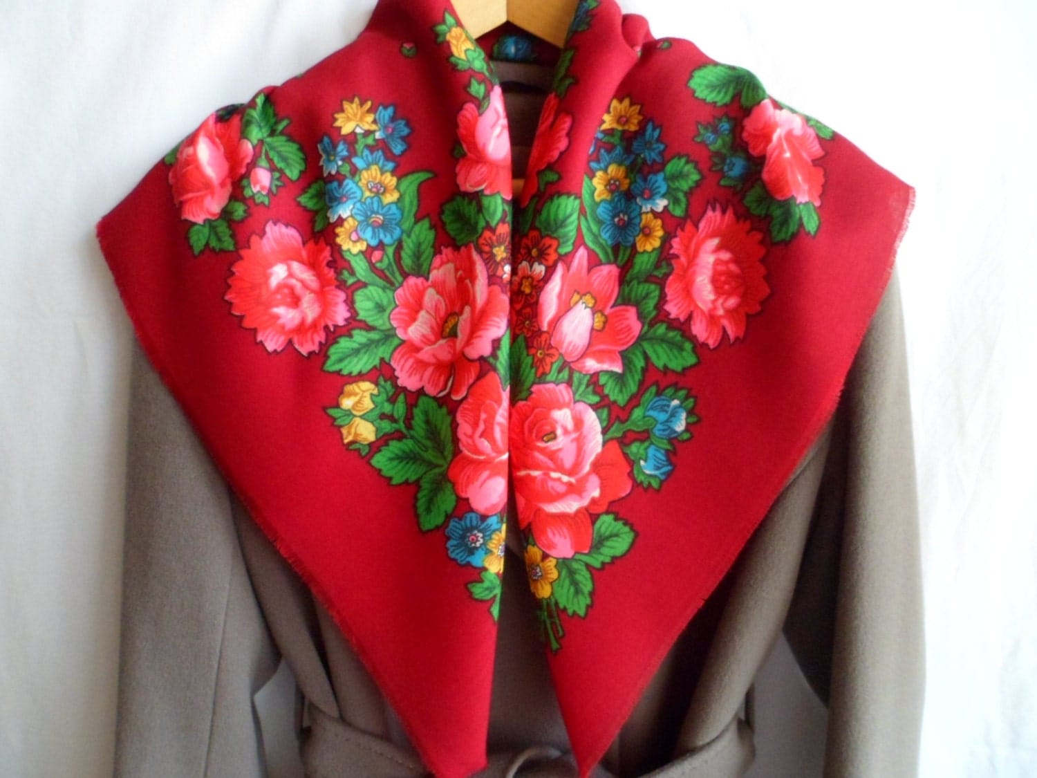 Vintage Wool Ukrainian Head Scarf, Russian Shawl, Floral Shawl, Red