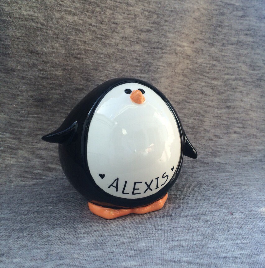 PENGUIN PIGGY BANK Ceramic Piggybank Personalized Baby Gift