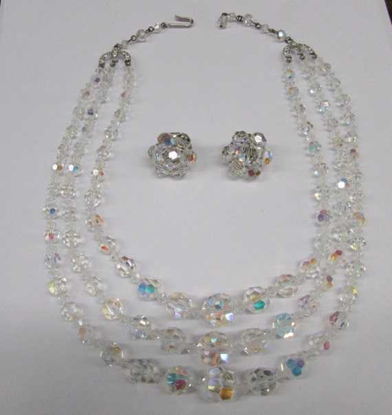 Vintage Aurora Borealis AB 3 Strand Clear Crystal Necklace