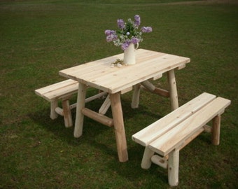 White Cedar Log Outdoor 4 Foot Picnic Table with Detached Benches - Amish Made USA - Model# WWR-WCLPT4DB - Free Shipping!