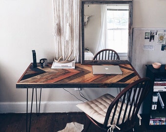 Handmade Hairpin Desk with Barnwood Chevron top.