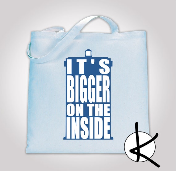 It's bigger on the inside 100% Cotton Tote Bag, Shopping Bag, Library Bag, Beach Bag