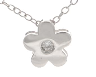 Simple Little Flower Blossom Sterling Silver Necklace with a Sparkly CZ Crystal 18'' n28