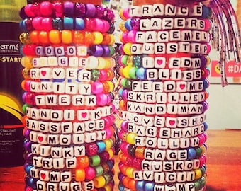 10 custom rave kandi bracelets. You can choose any phrase and colors! Rave kandi. Plur. Name bracelet. Colorful bead bracelet. Custom bead