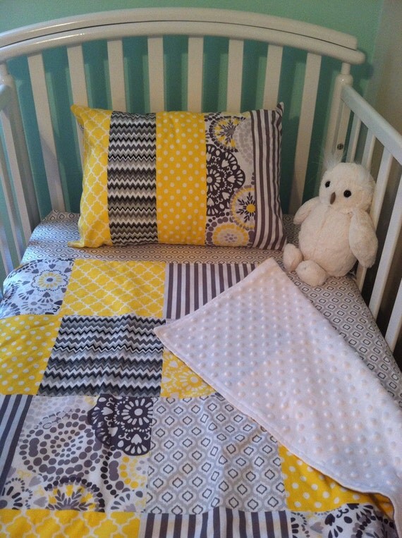Items similar to Yellow and Grey Baby Girl Crib Blanket and Pillow Set