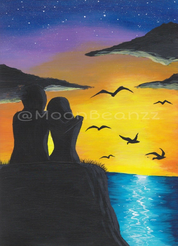 Acrylic Painting Original Sunset Ocean Couple on Cliff