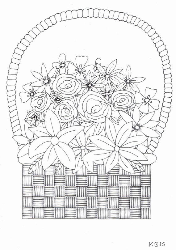 Download Items similar to Adult colouring page - basket of flowers on Etsy