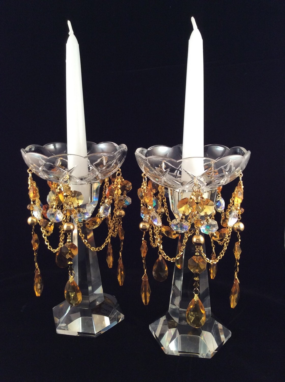 Golden Honey and Champagne Bobeche Candle by CrystalVintageDeco