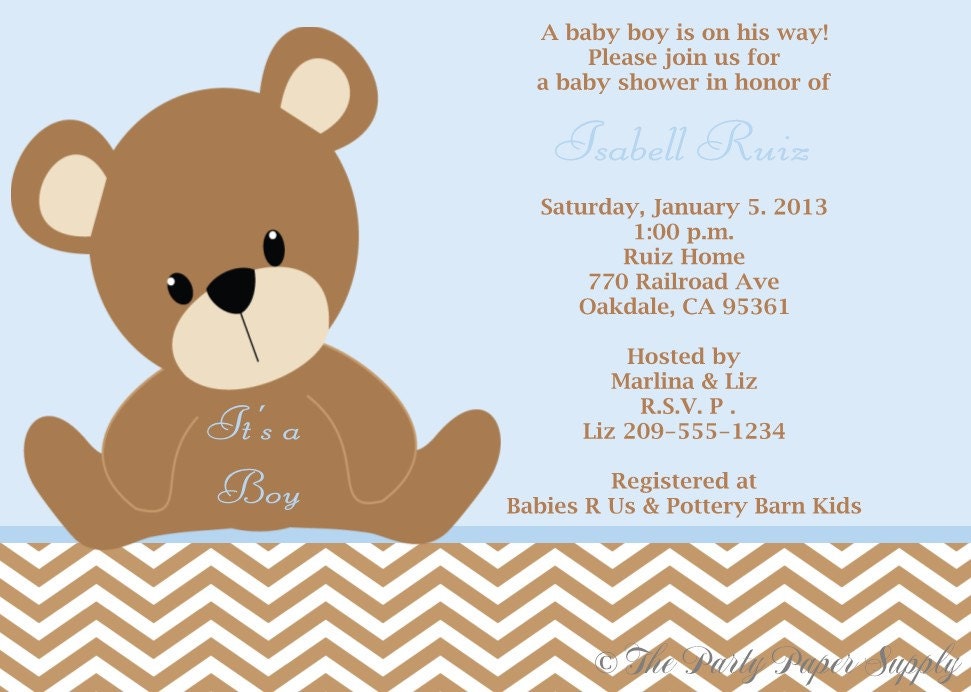Teddy Bear Chevron Print Baby Shower By Itsaperfectparty On Etsy Teddy Baby Shower Invitations Templates Free
