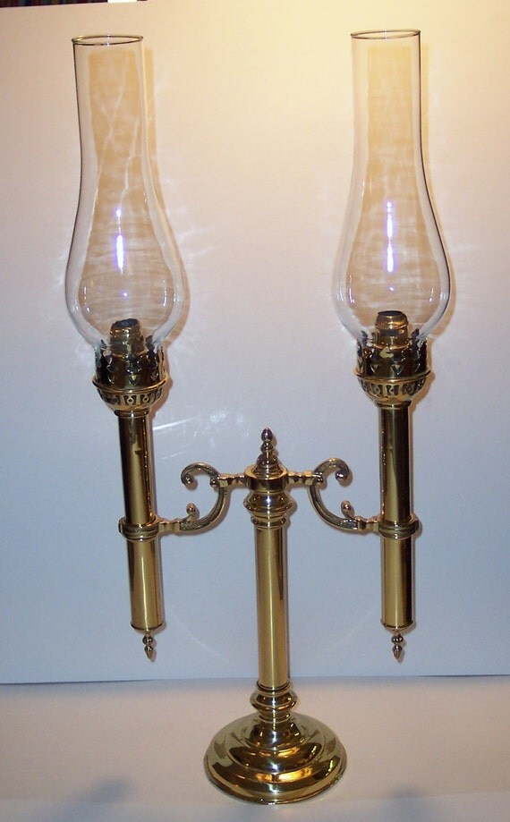 Antique Brass Candelabra w/chimneys spring loaded removable