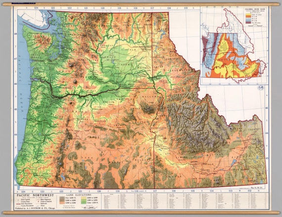 Pacific Northwest Vintage Physical Map Poster: by GlacierHarbour