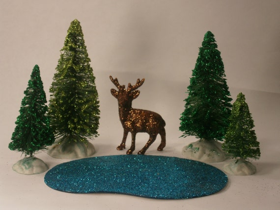 Miniature village Woodland Scene set: miniature brown deer, 4 green bottle brush trees, and one teal blue glittered pond