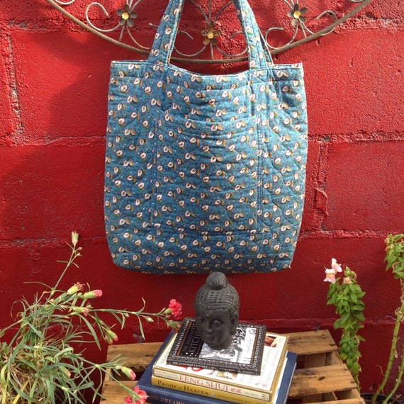 Quilted fabric tote bag, blue paisley pattern, festival bag, hippie ...