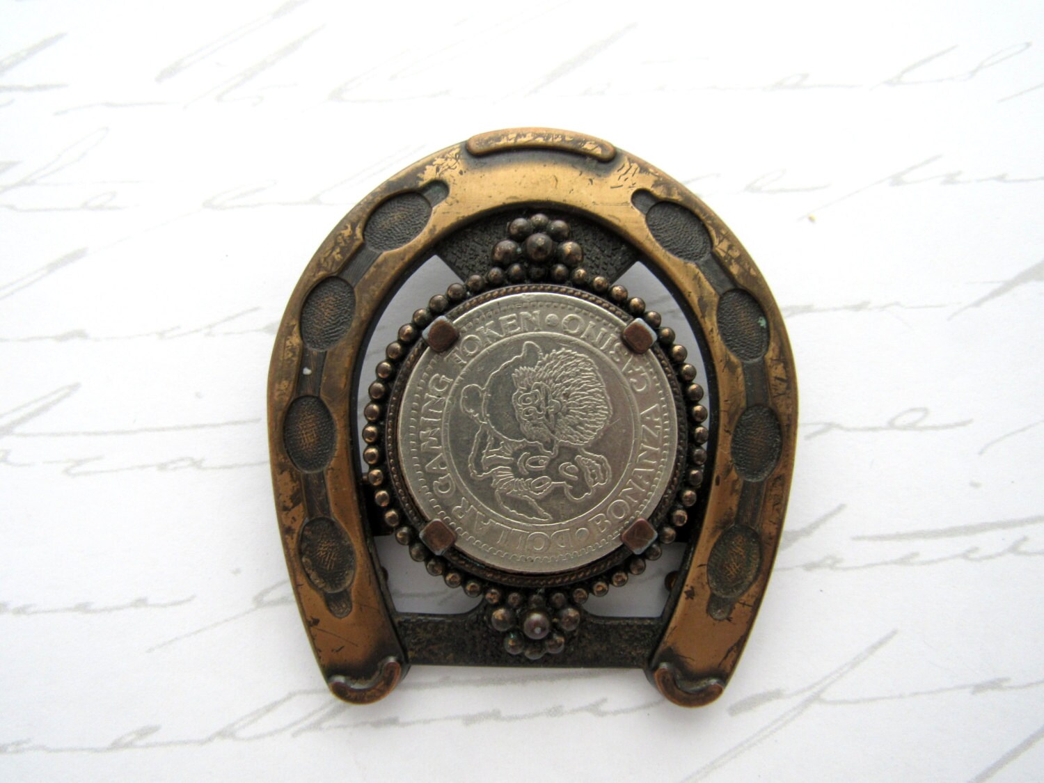 Vintage Copper Horseshoe Bonanza Casino Gaming Token Dollar Belt Buckle