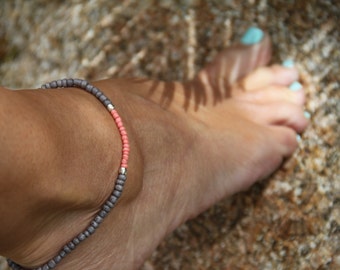 Silver Coral Grey Beaded Anklet Ankle Bracelet Stretch Anklet Stacking Bracelet Arm Band Boho Anklet Beach Inspired Bridesmaid Friendship