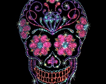 Womans LONG SLEEVE T Shirt Rhinestones Studs Day of the Dead Sugar Skull with Diamond 15467