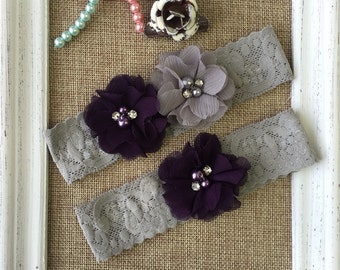 Wedding Garter Set , Grey and Plum wedding garter , lace wedding garter , toss garter , wedding garter , bride garter, something blue