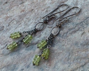 PERIDOT earrings, Peridot DANGLE earrings, green gemstone earrings, sterling silver, handmade artisan, angry hair jewelry