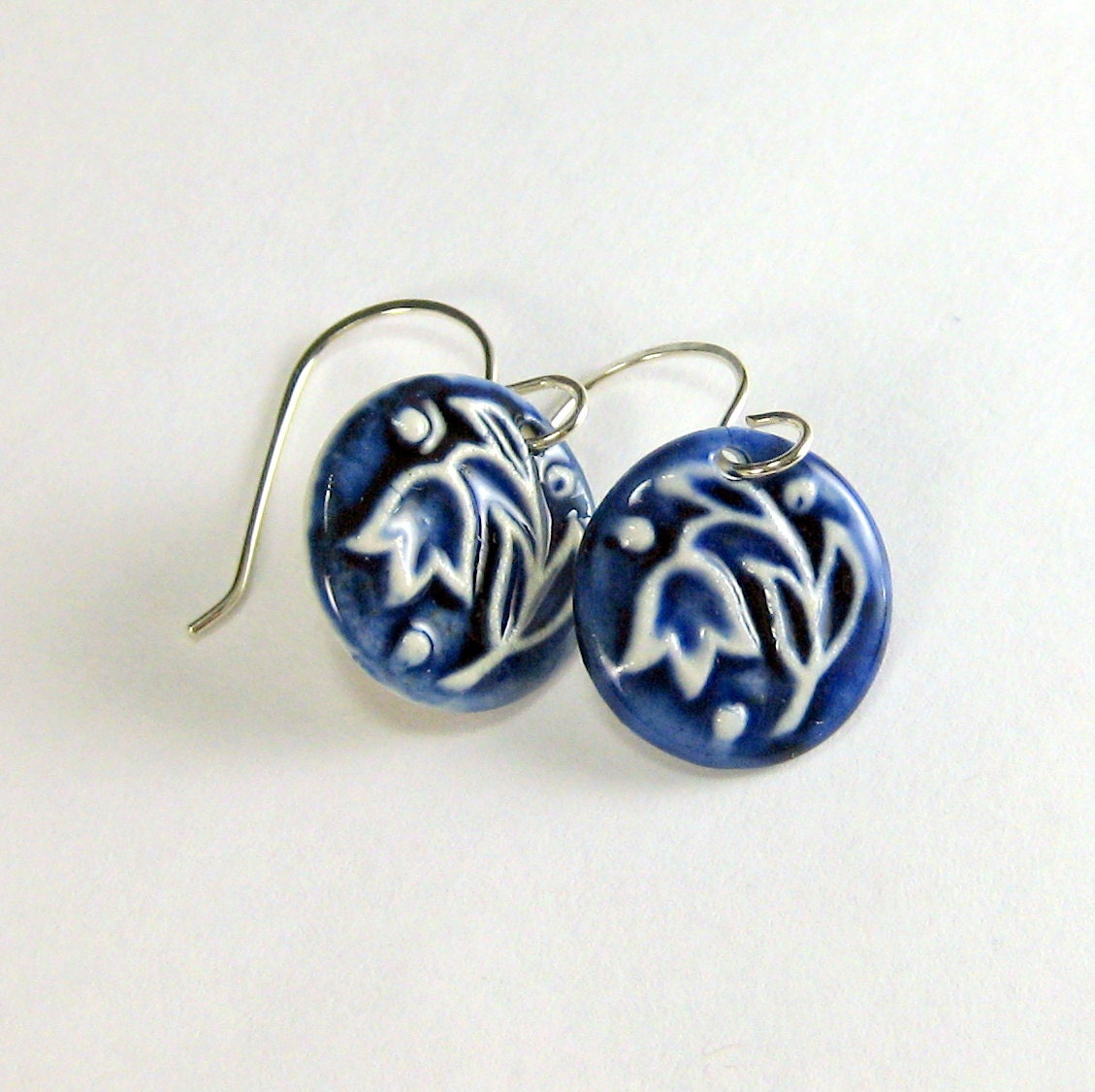 Tulip Porcelain Earrings In Navy Blue and White by PhenixPottery