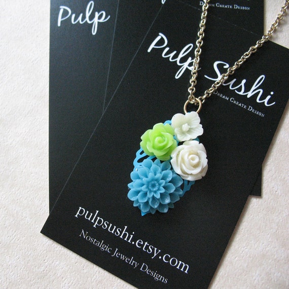 Blue Leaf Necklace With Flower Bouquet - Flower Pendant Necklace For Women