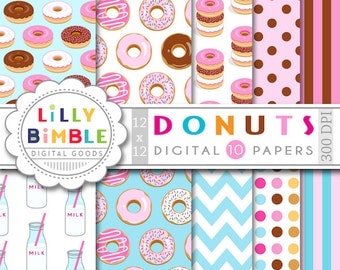 40% off Donut digital paper with donuts, milk bottles, for birthday invites, scrapbooking, Instant Download commercial use