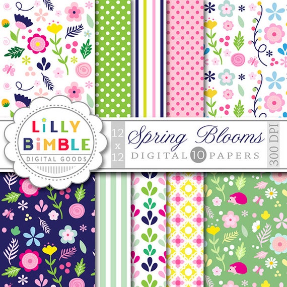 60% off SPRING BLOOMS floral digital paper with spring flowers with polka dots, stripes Instant Download Il_570xn